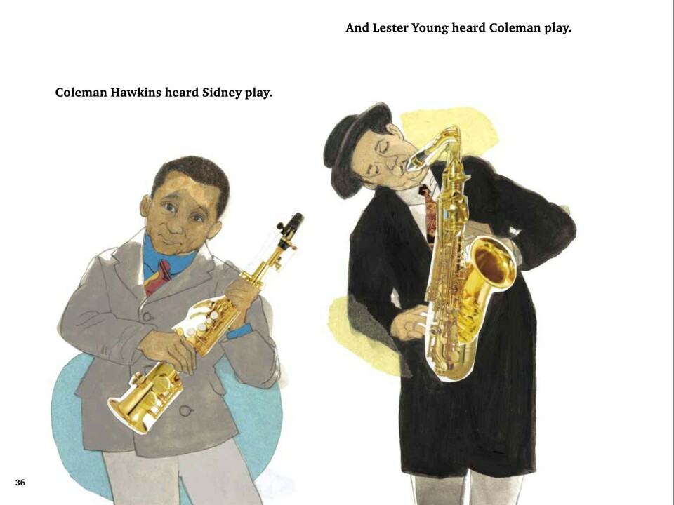 Art from <em>The Story of the Saxophone, </em>text by Lesa Cline-Ransome, illustration by James E. Ransome