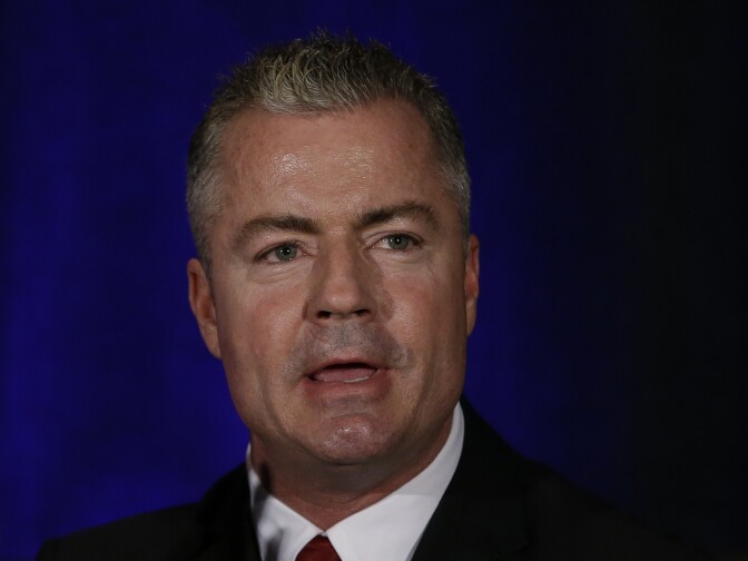 California gubernatorial candidate, Republican Assemblyman Travis Allen, discusses the state's housing problems at a conference on Thursday, March 8, 2018, in Sacramento, Calif. Allen and five other leading candidates to replace Gov. Jerry Brown in this years' election expressed their thoughts on dealing with the shortage of affordable homes before housing advocates, business leaders, developers and others at Housing California's annual conference. (AP Photo/Rich Pedroncelli)