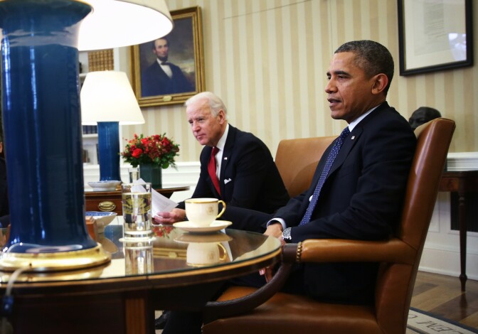 U.S. President Barack Obama (R) and U.S. Vice President Joseph Biden sit during a meeting with Secretary of Treasury Jacob Lew, Secretary of Labor Thomas Perez, National Security Adviser Susan Rice, Director of the National Economic Council Gene Sperling, Secretary of Commerce Penny Pritzker, and Trade Representative Michael Froman in the Oval Office of the White House December 16, 2013 in Washington, DC.  According to the White House, Obama was meeting about trade and the Trans-Pacific Partnership (TPP). 