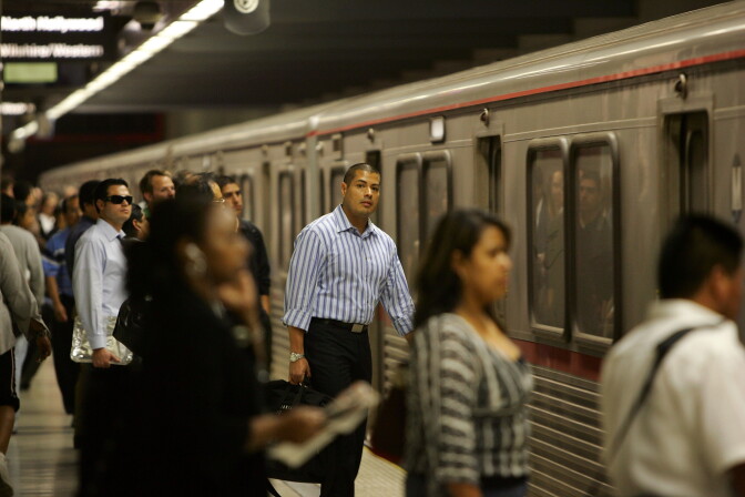 LOS ANGELES, CA - JUNE 03:  Passengers board Metrolink subway trains during rush hour on June 3, 2008 in Los Angeles, California. Skyrocketing gas prices are driving more commuters to take trains and buses to work instead of their cars. In the first three months of 2008, the number of trips taken on public transport in the US rose 3 percent to 2.6 billion, creating pressures on some transportation systems to cope with increasing ridership. Transit officials in southern California and elsewhere are now encouraging employers to stagger employee schedules to ease the rush hour crunch on trains and buses and Metrolink plans to add107 rail cars to its fleet of 155 as soon as next year.  (Photo by David McNew/Getty Images)
