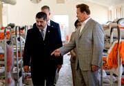 California Governor Arnold Schwarzenegger (R) tours the California Institution for Men prison with Warden Aref Fakhoury (L) on August 19, 2009 in Chino, California.