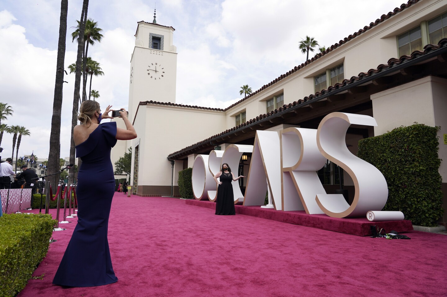 Preparations For The 93rd Annual Academy Awards show the red carpet and large letters spelling out OSCARS in front of L.A.'s Union Station