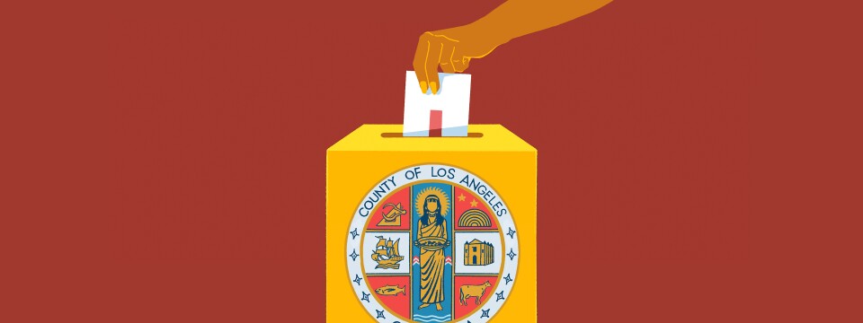 Graphic of a person's hand placing a ballot in a ballot box that has the County of Los Angeles seal.