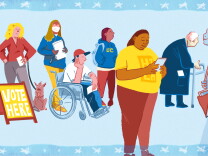 graphic of various people in line to vote and voting, placed on a light blue background, bordered with hand-drawn stars on a medium blue backround