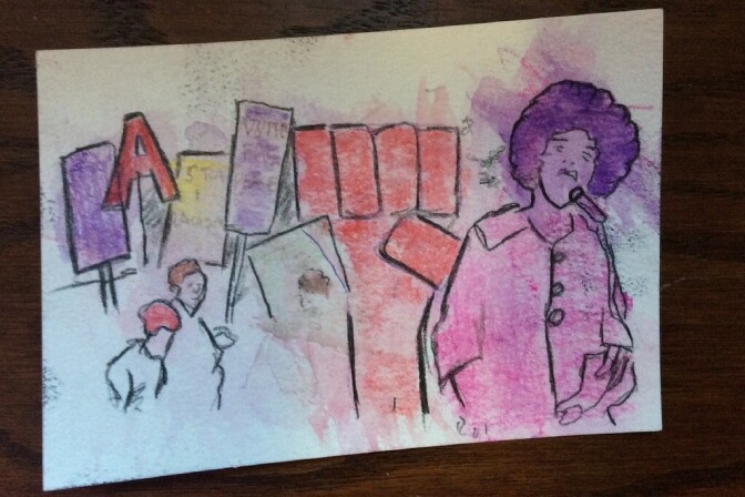 This image based on a photograph of Angela Davis was created by a three-year-old girl and her father at the January workshop focused on activism. The pair regularly attend story time at the public library.