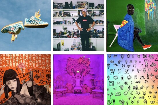 A collage of six images including a pair of sneakers, a person standing in front of shelving, a black figure in a Superman cape, a woman lying in a bed, a pink cat, and a patterned background. 