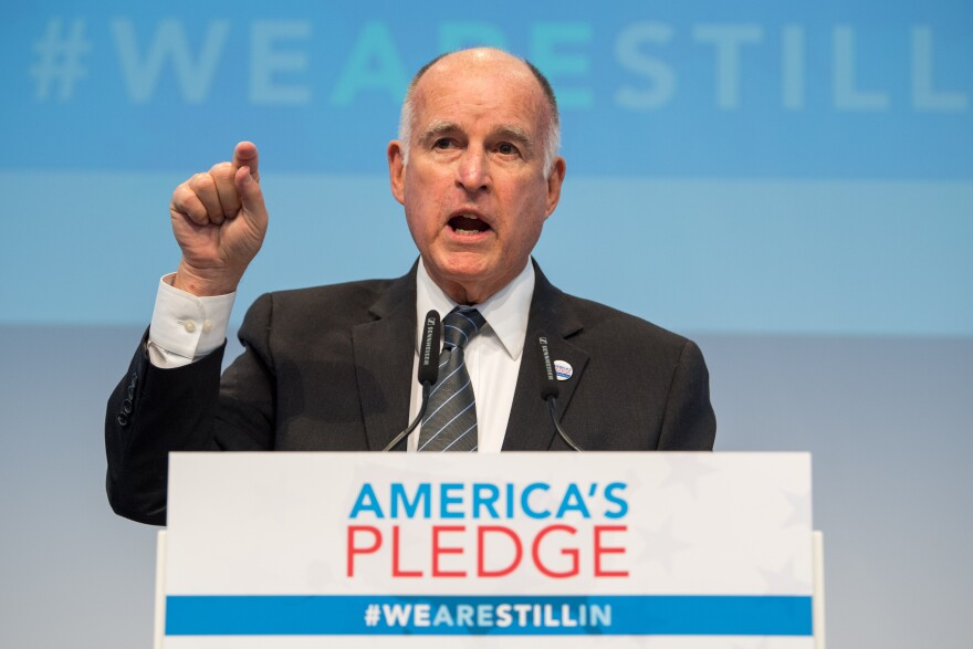 BONN, GERMANY - NOVEMBER 11: California Governor Jerry Brown, talks during a discussion at the America's Pledge launch event at the U.S. "We Are Still In" pavilion at the COP 23 United Nations Climate Change Conference on November 11, 2017 in Bonn, Germany. America's Pledge is a report detailing the efforts of U.S. states, cities and businesses to keep America on line in fulfilling goals towards carbon reduction set out by the Paris Climate Agreement. U.S. President Donald Trump has announced that the U.S. is withdrawing from the accord and the White House is sending its own delegation of fossil fuel supporters to the COP 23 conference next week to make the case for the continued role of coal and petroleum in world energy needs. (Photo by Lukas Schulze/Getty Images)