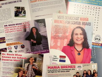 Two brown-skinned women appear in large photographs on campaign mailers printed with statements like, 'Vote Democrat María Brenes for school board" or "Dr. Rocío Rivas is the education leader our Los Angeles schools urgently need."