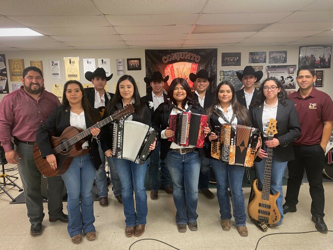 Student musicians of the varsity ensemble <em>Conjunto Halcón</em> make music that makes you "feel that thump," says band director Juan Longoria Jr. "You feel that want-to-get-up-and-dance."