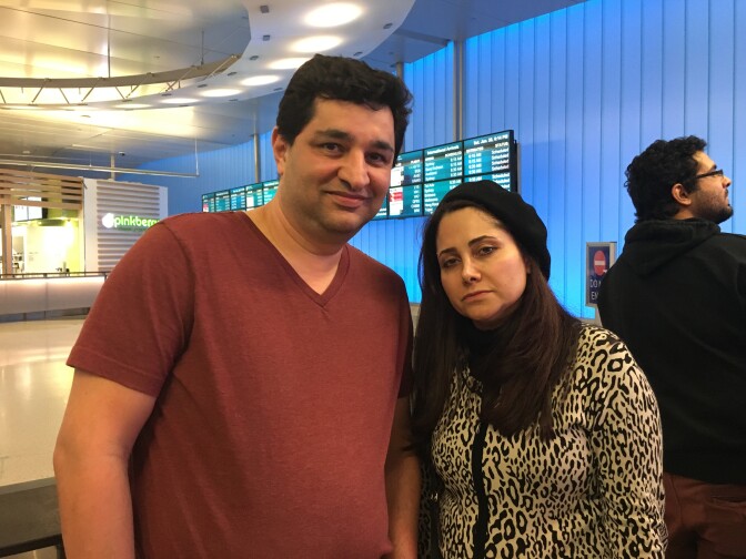 Fred Safe and Mojgan Rafiei wait for Rafiei's husband to arrive at the Tom Bradley International Terminal at LAX on Jan. 28, 2017. He was overdue after leaving Iran and may have been caught in the ban on entries from Muslim-majority countries imposed under President Trump's executive order.