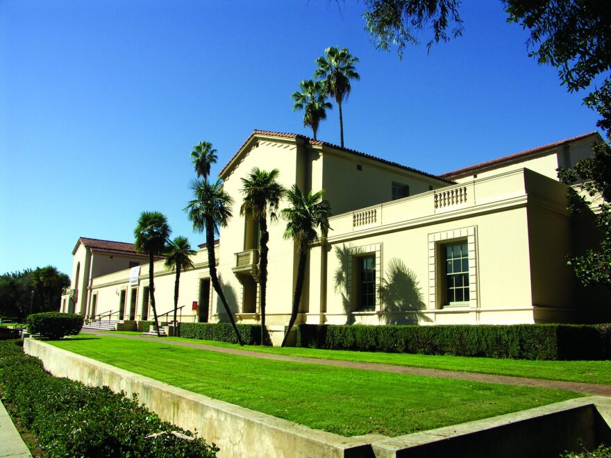A view of the Central Library in sunlight, with palm trees and a green lawn out front.