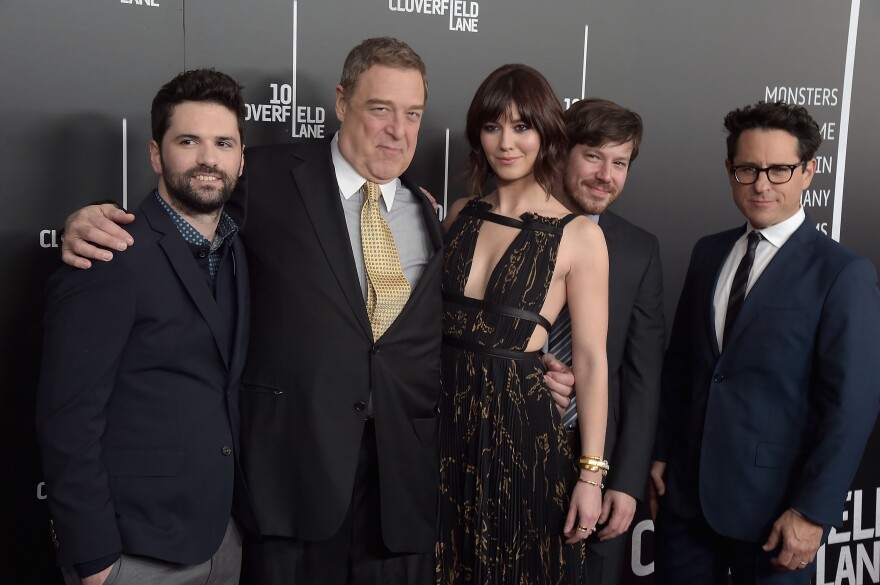 NEW YORK, NY - MARCH 08:  (L-R) Dan Trachtenberg, John Goodman, Mary Elizabeth Winstead, John Gallagher Jr. and J.J. Abrams attend the "10 Cloverfield Lane" New York premiere at AMC Loews Lincoln Square 13 theater on March 8, 2016 in New York City.  (Photo by Theo Wargo/Getty Images)