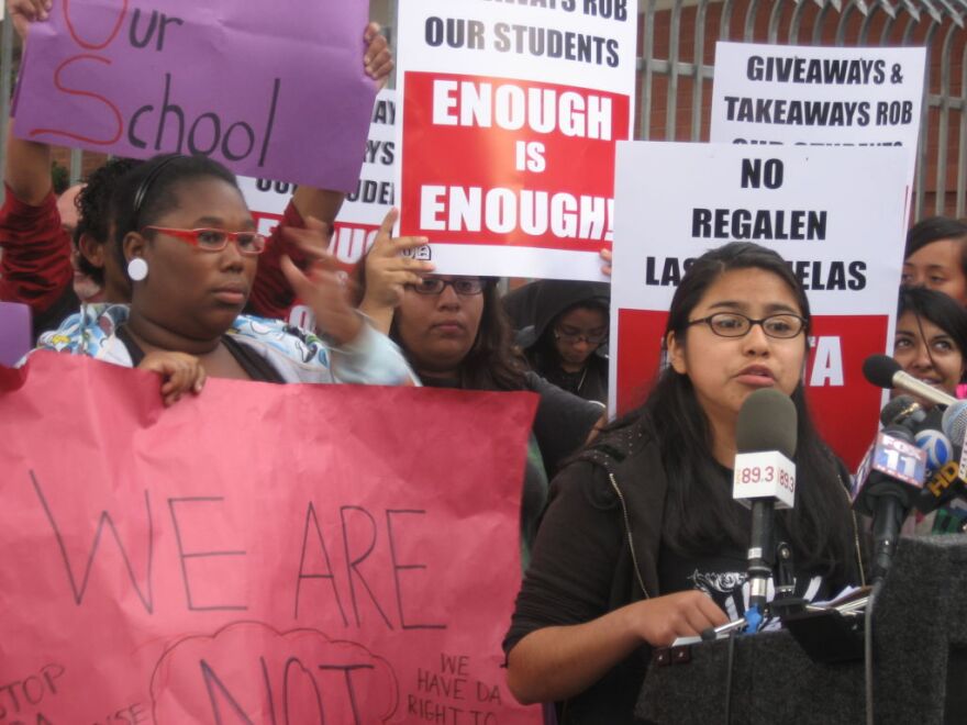 Fremont H.S. senior Mariela Martinez joined students and teachers at a protest outside her campus. The group is upset L.A. Unified Superintendent Ramon Cortines plans to have every teacher reapply for their jobs at the chronically low-performing school.
