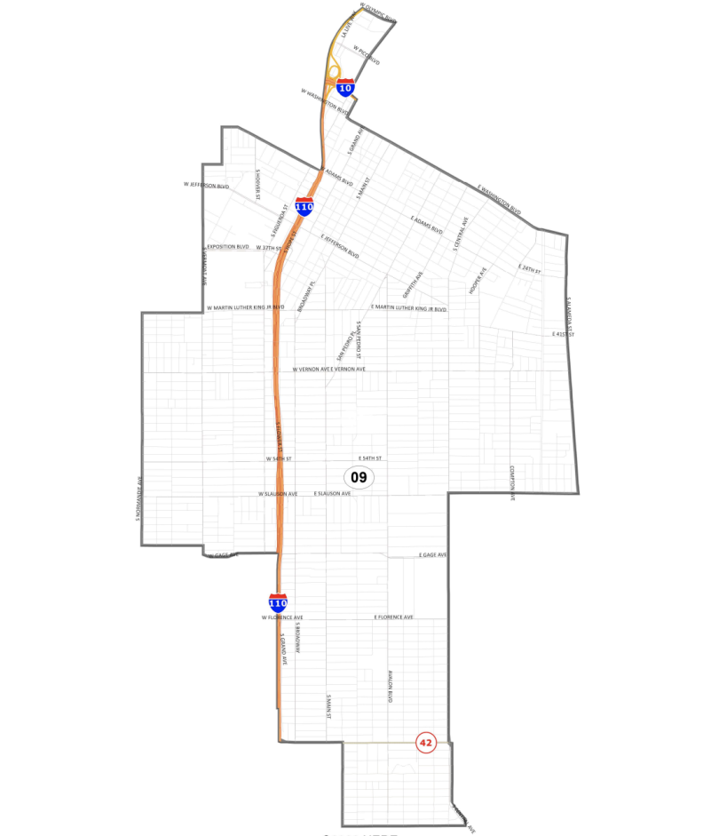 Map shows boundaries of District 9 which includes all or part of the South Los Angeles communities of Vermont Square, the Central-Alameda Corridor, and Green Meadows. It stretches north to western Downtown L.A. and includes the U.S.C campus, Exposition Park, the L.A. Live complex and the L.A. Convention Center.