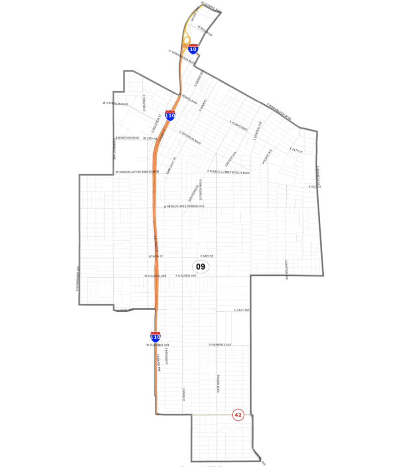 Map shows boundaries of District 9 which includes all or part of the South Los Angeles communities of Vermont Square, the Central-Alameda Corridor, and Green Meadows. It stretches north to western Downtown L.A. and includes the U.S.C campus, Exposition Park, the L.A. Live complex and the L.A. Convention Center. 