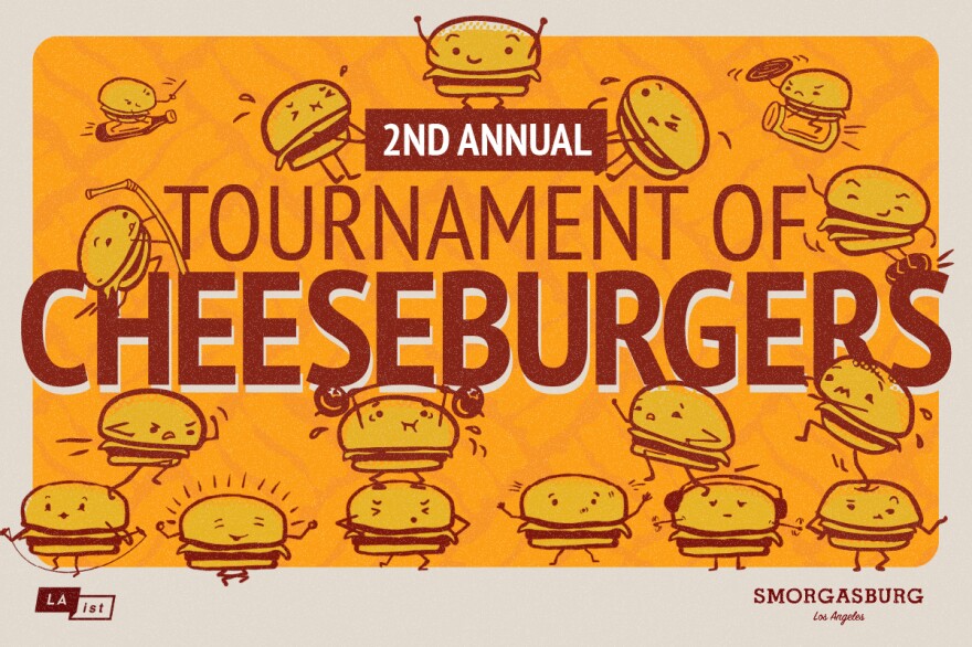 A promotional image for the 2nd Annual Tournament of Cheeseburgers, presented by LAist and hosted at Smorgasburg Los Angeles, featuring a playful and energetic aesthetic with cartoon cheeseburgers.