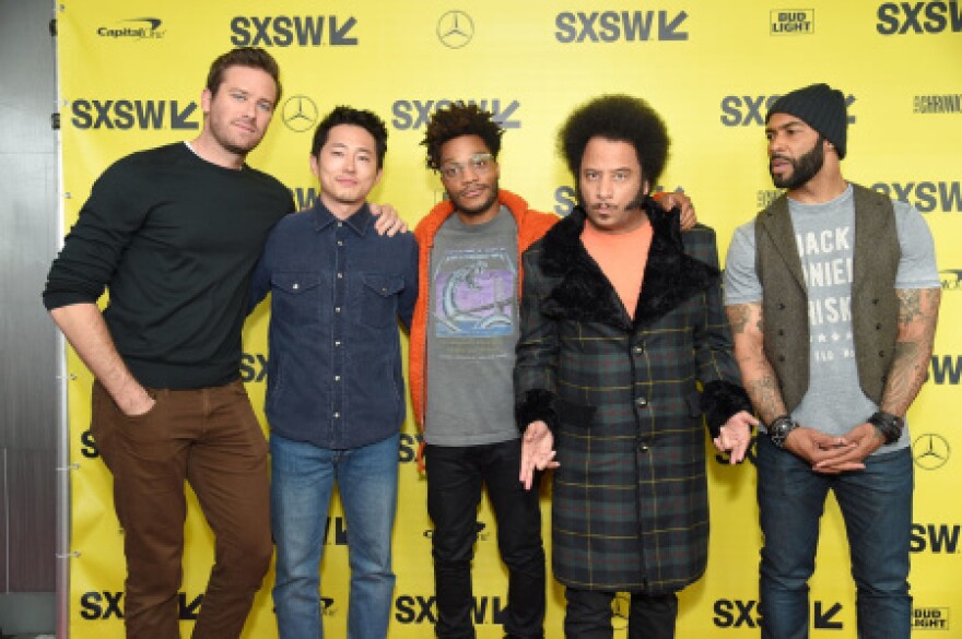 Actors Armie Hammer, Steven Yeun, and Jermaine Fowler, director and screenwriter Boots Riley, and actor Omari Hardwick attend the "Sorry to Bother You" premiere on March 11, 2018 in Austin, Texas.  