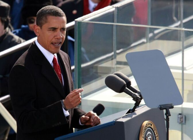 President Barack Obama gives his inaugural address during his inauguration as the 44th President of the United States of America on the West Front of the Capitol Jan. 20, 2009 in Washington, DC.