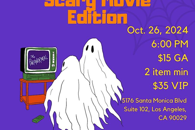 Animated promo image featuring two ghost watching a TV behind a purple background.