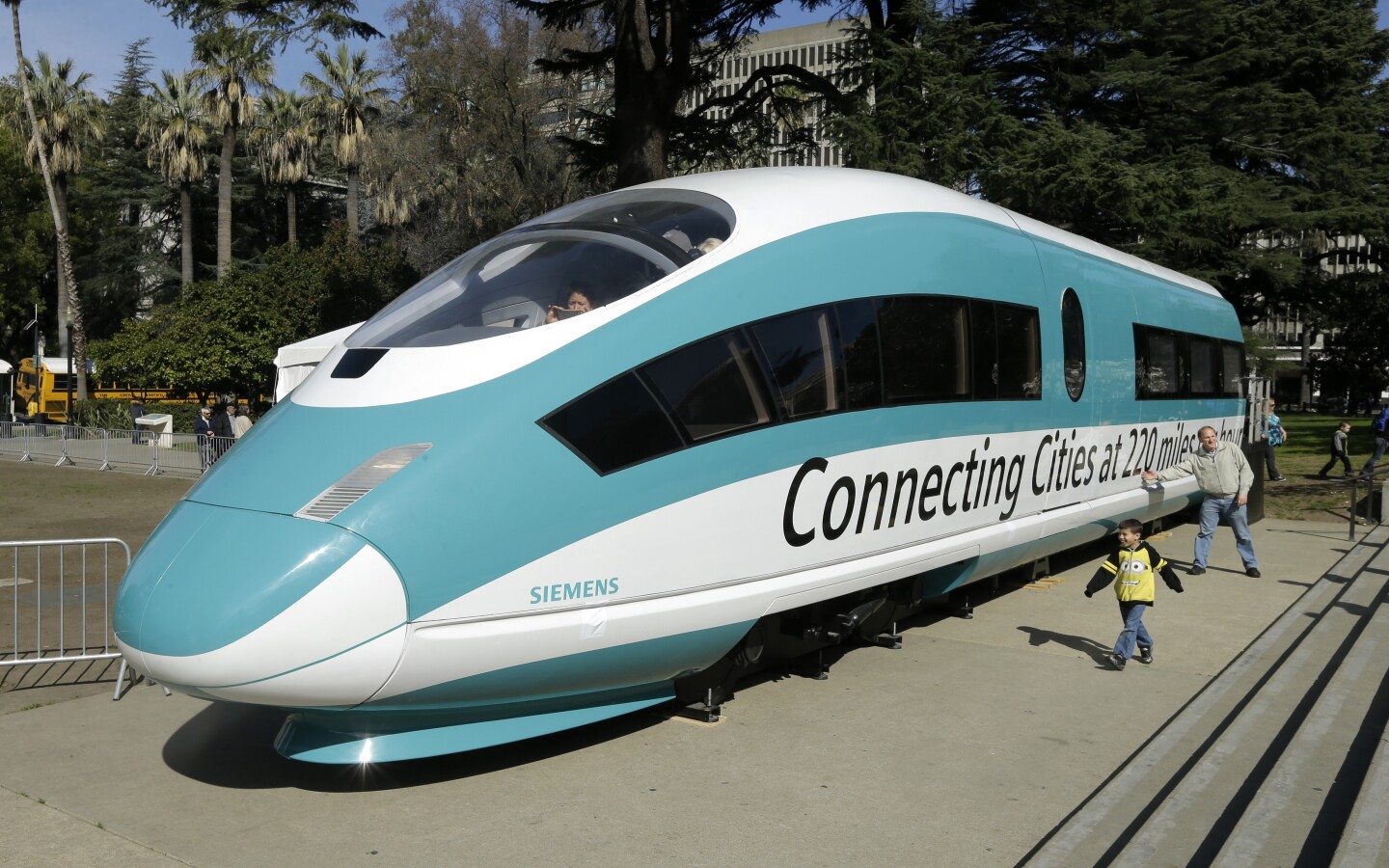 In this Feb. 26, 2015 photo, a full-scale mock-up of a high-speed train is displayed at the Capitol in Sacramento, Calif. 