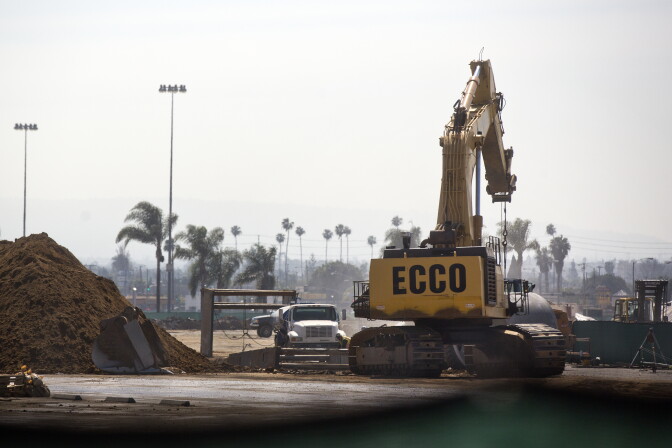 Construction continues at Hollywood Park in Inglewood on Monday, March 9. Re-development plans of the 238-acre site include housing, retail space, offices and a hotel.