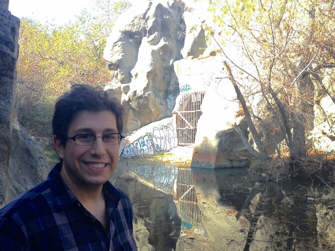 Matt Blitz, head of the Obscura Society Los Angeles at the mouth of the Devil's Gate in Pasadena.