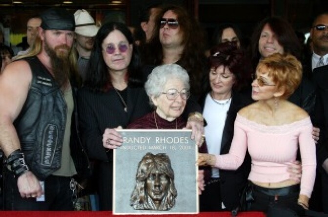 The mother of Randy Rhoads, Delores Rhoads, along with rockers (left to right) Zakk Wylde, Ozzy Osbourne, guitarist Yngwie Malmsteen and Sharon Osbourne attend the ceremony in which the late guitarist Randy Rhoads was honored posthumously and inducted into the Hollywood Rockwalk on March 18, 2004 in Hollywood, Calif.