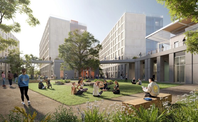 A rendering of a housing complex. Tall buildings surround a green lawn where a group of college aged students are sitting. Other students walk around the perimeter of the lawn and another is depicted sitting on a benxh