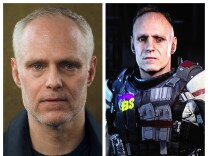 The left image is a headshot of actor Erik Passoja. The right image is of Passoja's digital likeness in a video game. He wears black and white body armor. 