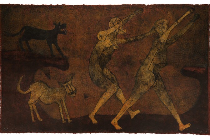 A painting of two human like figures on a dark brown background being chased by two dog like creatures. One is tannish in color. The other is dark brown. 