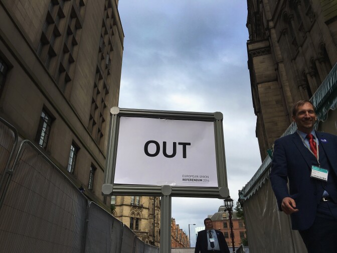 The 'out' exit sign directs media and guests away from the announcement of the final voting results of the EU referendum at Manchester Town Hall on June 24, 2016 in Manchester, England. The results from the historic EU referendum has now been declared and the United Kingdom has voted to LEAVE the European Union.