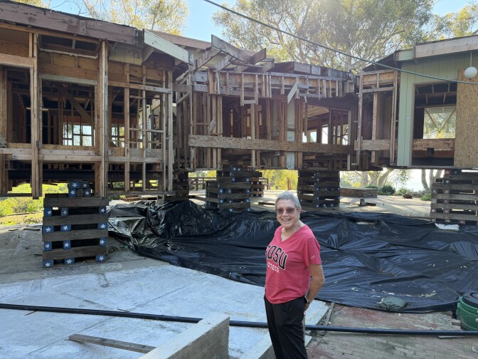 A woman with cropped gray hair and a red T-shirt stands in front of a hollowed out home raised on wooden planks. 
