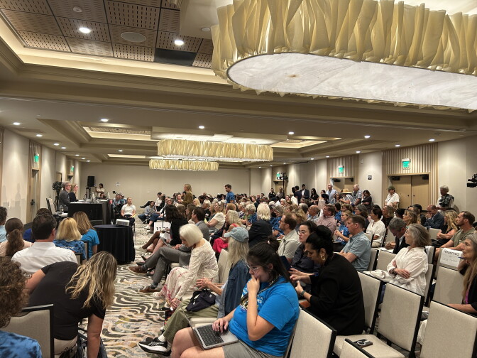 People sit in chairs in a hotel ballroom. Two people can be seen on a stage at the front of the room.