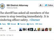 San Bernardino County's District Attorney's Office tweets that the sheriff's department has asked all members of the press to stop tweeting immediately as it could affect officer safety in the search for Dorner.