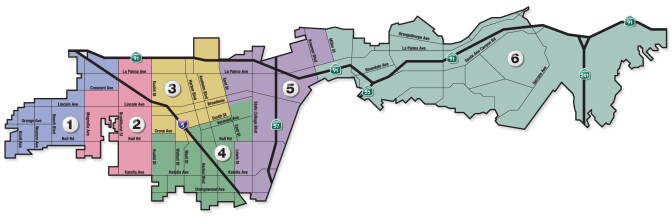 "The People’s Map" divides the city of Anaheim into six districts — one with is a Latino majority district and two others where Latinos make up nearly half of the district.