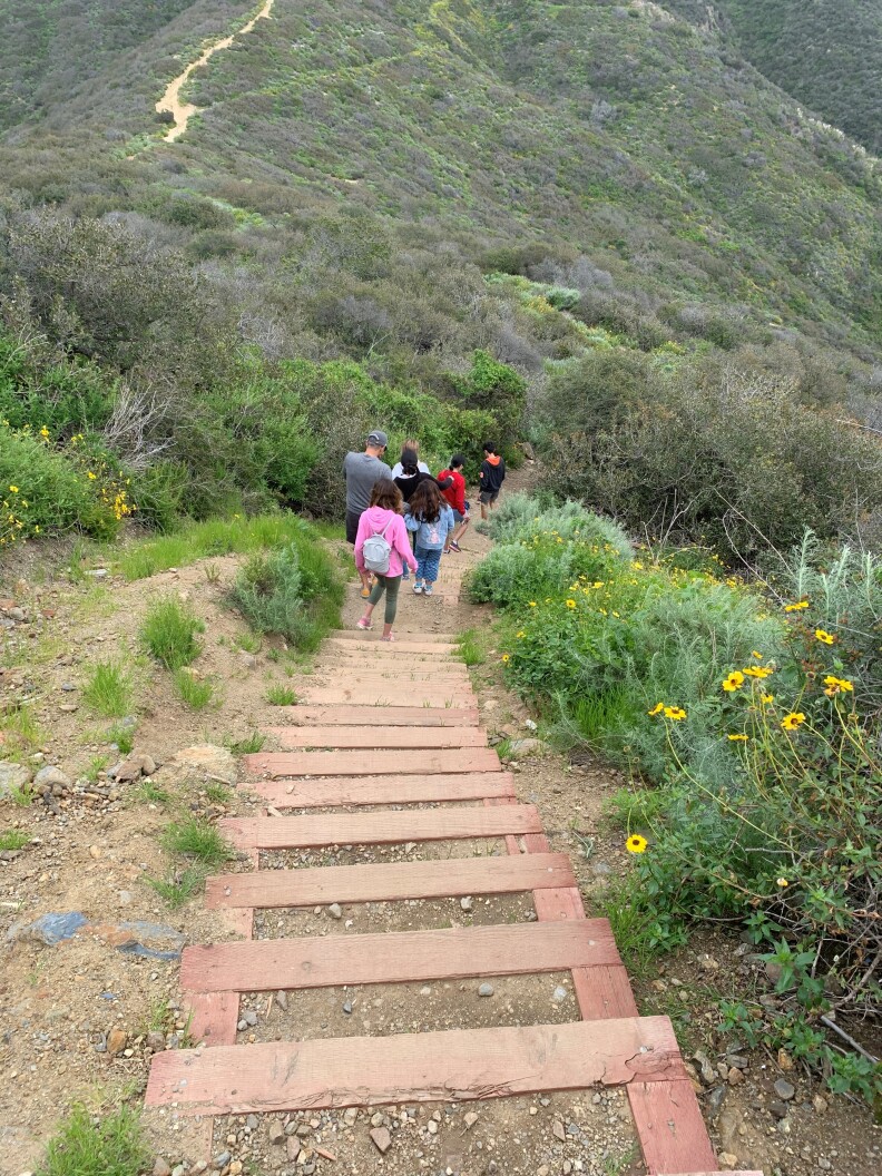 A group of people walk down some stairs during a hike in Seaview Park in Laguna Niguel.