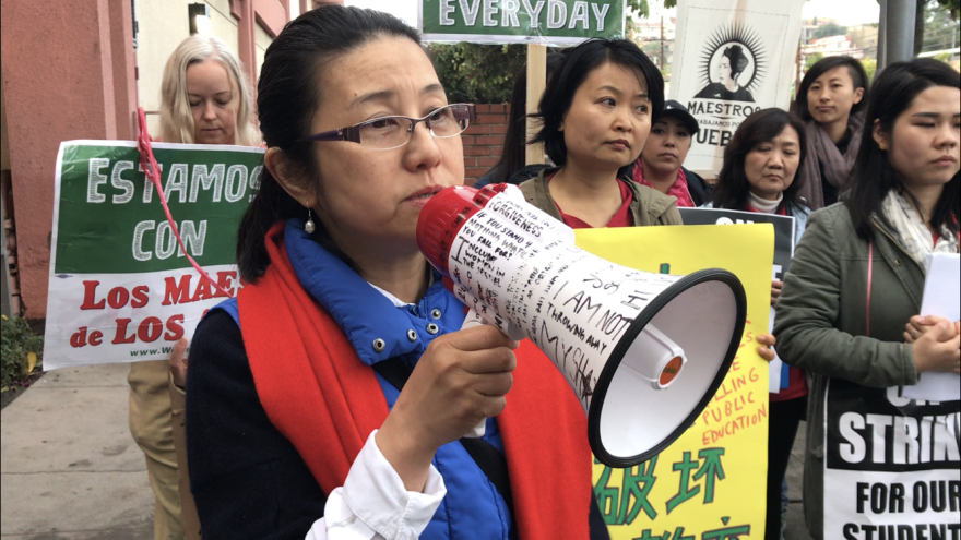 Helen Han, a Mandarin-language teacher at Castelar Elementary School in L.A.'s Chinatown, helped lead a rally in support of the teachers' strike.