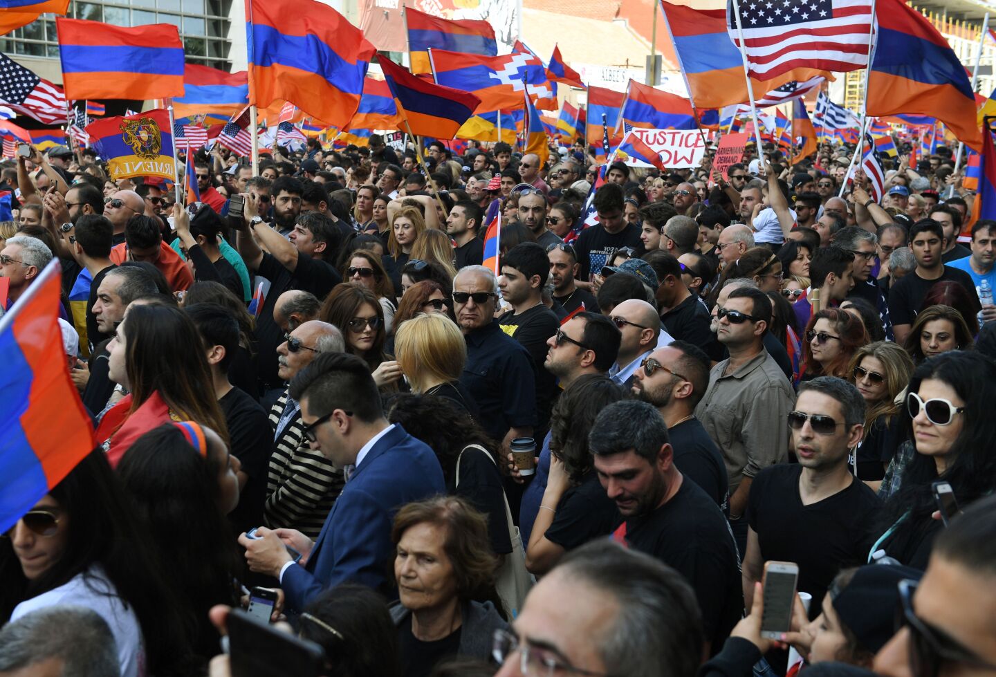 Thousands of members of the Armenian community crowd outside the Turkish Consulate on April 24, 2017 in Los Angeles, California, marking the 102nd anniversary of the Armenian genocide when as many as 1.5 million Armenians died in a campaign blamed on the Ottoman Turkish government, in Los Angeles, California on April 24, 2017.
More than 200,000 people of Armenian descent live in Los Angeles County, making it the home to the largest Armenian community outside of Armenia. / AFP PHOTO / Mark RALSTON        (Photo credit should read MARK RALSTON/AFP/Getty Images)