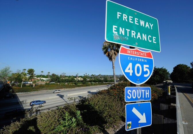 A freeway entrance sign stands near the Burbank Boulevard ramp on Interstate 405 thirty minutes before the shutdown of the freeway to demolish the Mulholland Bridge over Interstate 405 at the Sepulveda Pass on July 15, 2011 in Los Angeles, California. Los Angeles city officials are advising residents to stay home or stay away from the area during what has become known as "Carmageddon," the 11-mile shutdown of Interstate 405 for 53 hours over the weekend, for fear of massive traffic jams. (Photo by Kevork Djansezian/Getty Images)