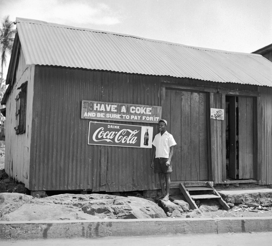 A store in Monrovia, Liberia, advertises Coca-Cola. The photo is from circa 1947.