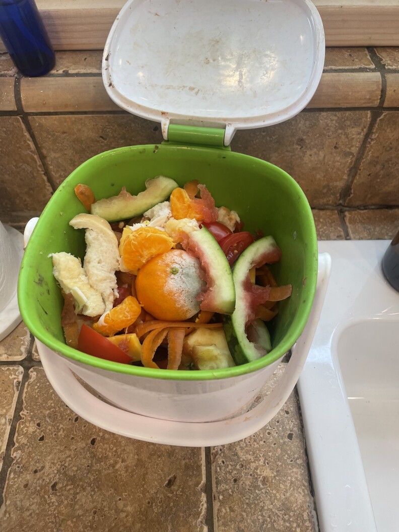 A photo of food waste in a green container on a kitchen counter