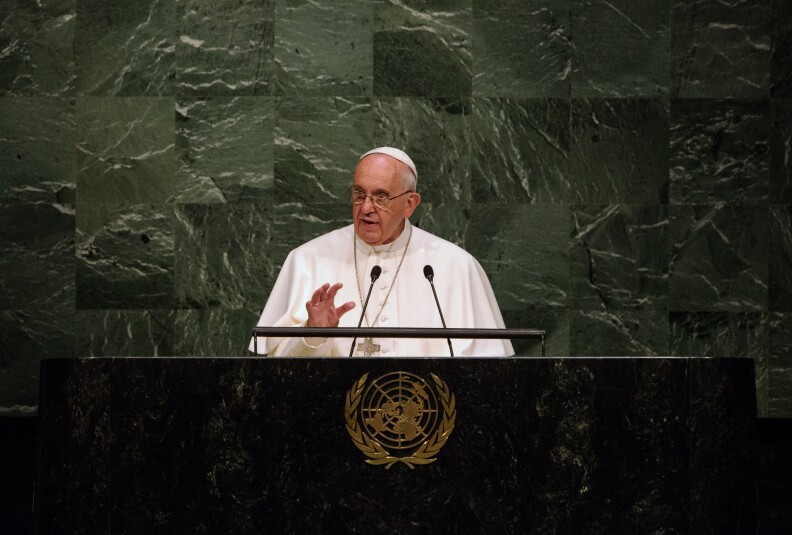 NEW YORK, NY - SEPTEMBER 25: Pope Francis delivers an address to the General Assembly of the United Nations on September 25, 2015 in New York City. Pope Francis, who arrived in New York on Thursday evening, began his day with an appearance at the UN before heading to a multi-religious service at the 9/11 Memorial and Museum. (Photo by Bryan Thomas/Getty Images)