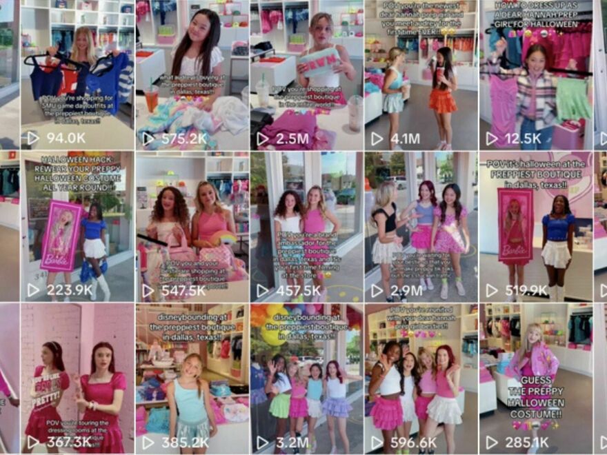 A screenshot of Dear Hannah Prep's TikTok videos, which show girls modeling the boutique's merch.