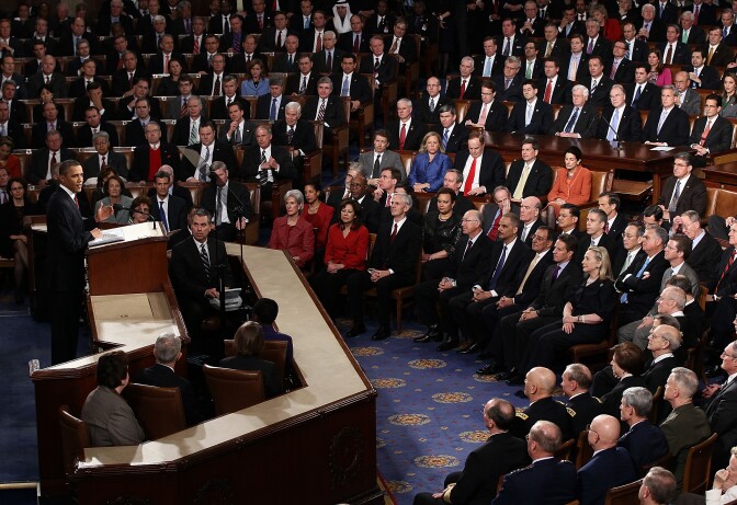 WASHINGTON, DC - JANUARY 24:  U.S. President Barack Obama delivers his State of the Union address on January 24, 2012 in Washington, DC. Obama said the focal point his speech is the central mission of our country, and his central focus as president, including 'rebuilding an economy where hard work pays off and responsibility is rewarded.'  (Photo by Win McNamee/Getty Images)