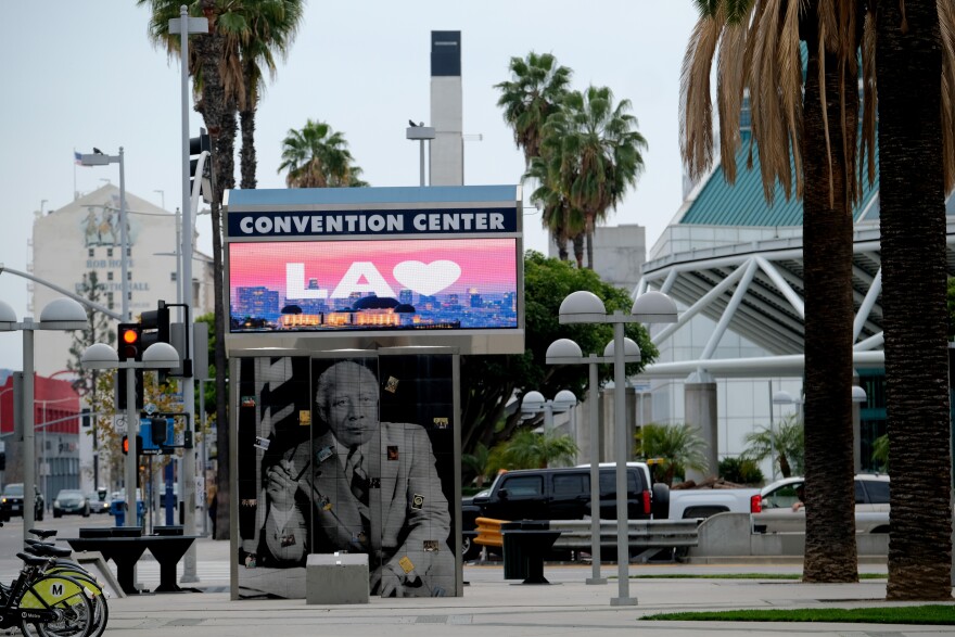 The Los Angeles Convention Center marquee sign that says the name and L.A. with a heart next to it.