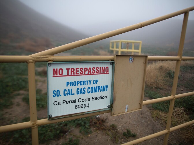 File: The boundary of Southern California Gas Company property, where Aliso Canyon Storage Field is located, is seen as people were continuing to be affected by a massive natural-gas leak in the Porter Ranch neighborhood on Dec. 22, 2015.
