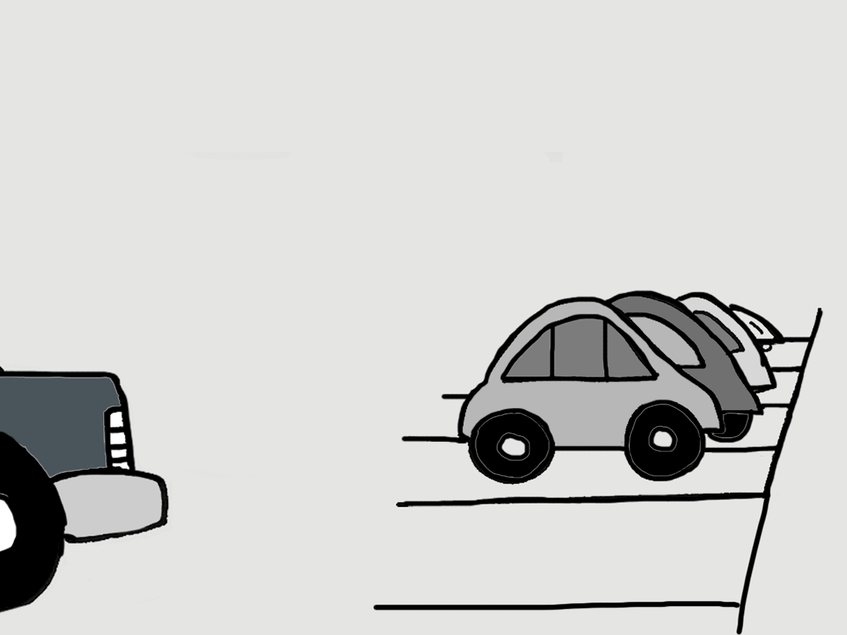 A large car tries to park next to a row of small cars. The small cars say "You can't sit with us." The big car says "Oh o.k."