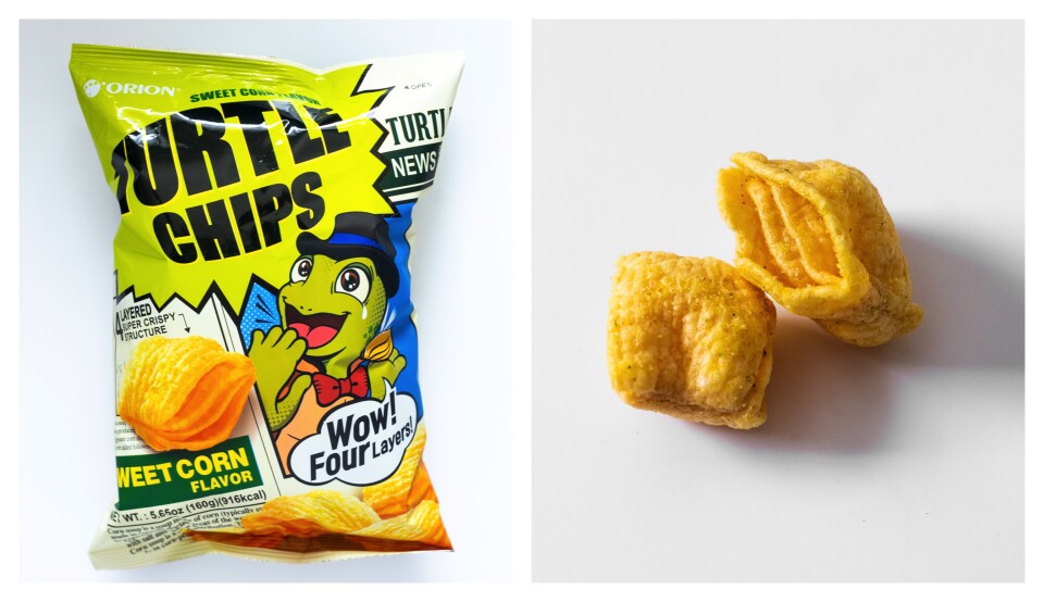 A split image. On the right is a green and white snack bag with a cartoon turtle next to an image of the light yellow snack good resembling a turtle shell. 