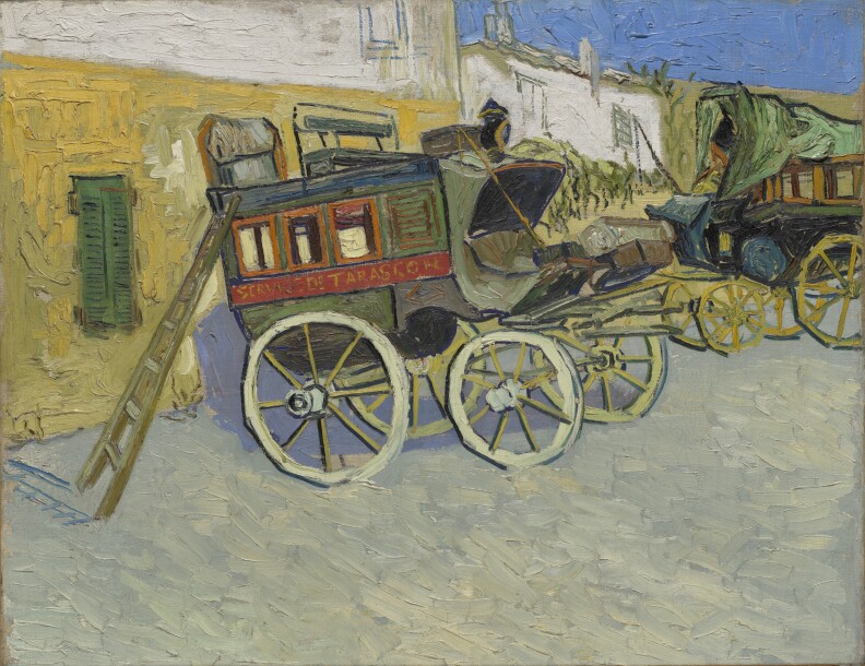 A painting of a four-wheeled stagecoach at rest, with a ladder leading up to the roof of the coach.