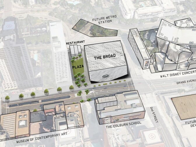 An aerial view of the plaza and the area around The Broad museum, which is under construction in downtown Los Angeles.